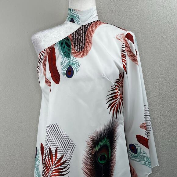 White Green Multi Peacock Asymmetric One Shoulder High Neck Mini Shift Dress M/L - Picture 3 of 12